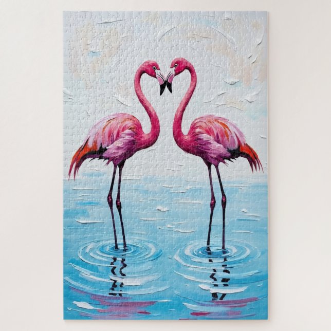 Flamingo-Vögel-Herz-Silhouette-Malerei Puzzle (Vertikal)