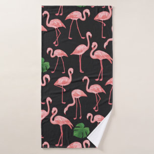 Flamingo-Vogel mit Monstera-Palm-Blätter Muster. Badehandtuch