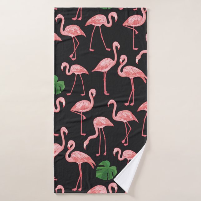 Flamingo-Vogel mit Monstera-Palm-Blätter Muster. Badehandtuch (Badehandtuch)