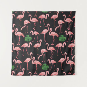 Flamingo-Vogel mit Monstera-Palm-Blätter Muster.  Wandteppich