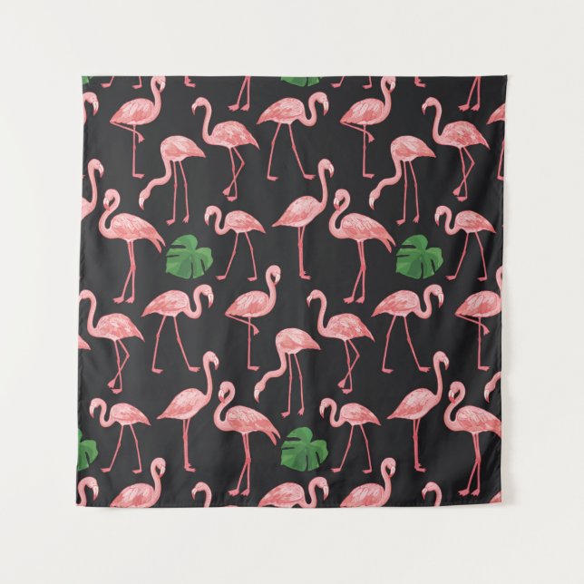 Flamingo-Vogel mit Monstera-Palm-Blätter Muster.  Wandteppich (Vorderseite)