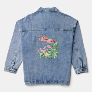 Flamingo-Vögel, tropische Blume und Blätter Jeansjacke