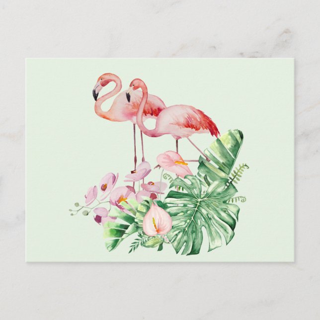 Flamingo-Vögel, tropische Blume und Blätter Postkarte (Vorderseite)