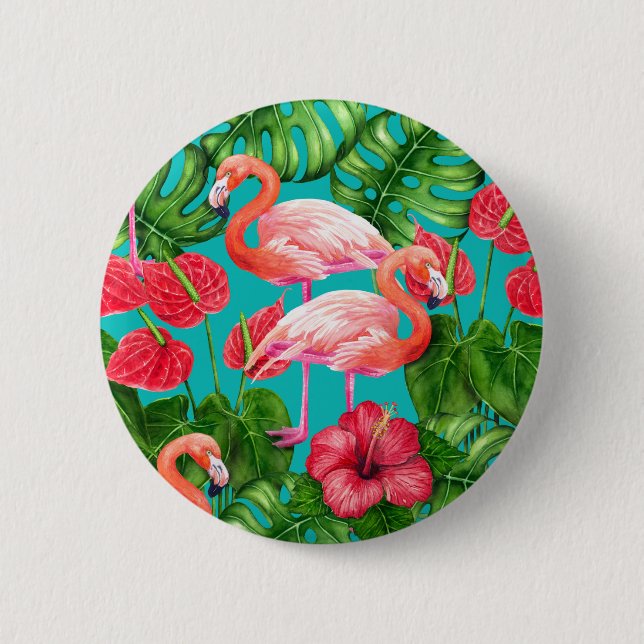 Flamingo-Vögel und tropische Gartenfarbe Button (Vorderseite)