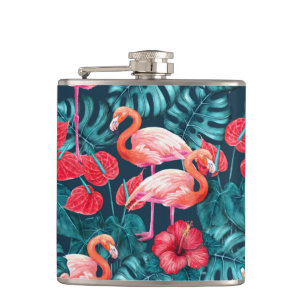 Flamingo-Vögel und tropische Gartenfarbe Flachmann