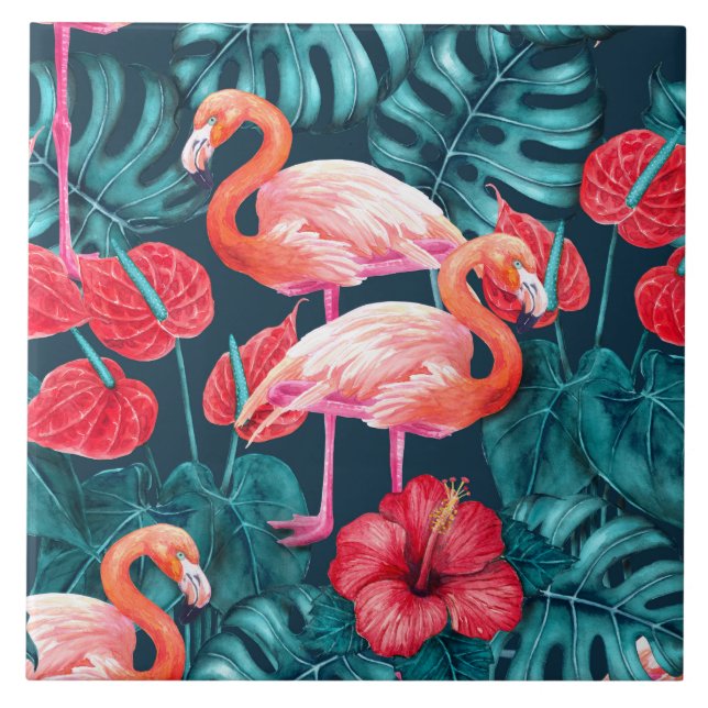 Flamingo-Vögel und tropische Gartenfarbe Fliese (Vorderseite)