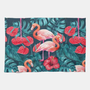 Flamingo-Vögel und tropische Gartenfarbe Geschirrtuch