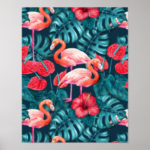 Flamingo-Vögel und tropische Gartenfarbe Poster