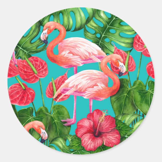 Flamingo-Vögel und tropische Gartenfarbe Runder Aufkleber (Vorderseite)