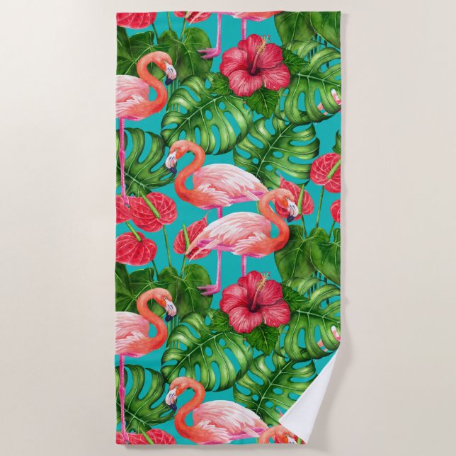 Flamingo-Vögel und tropische Gartenfarbe Strandtuch (Vorderseite)