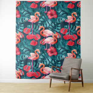 Flamingo-Vögel und tropische Gartenfarbe Wandteppich