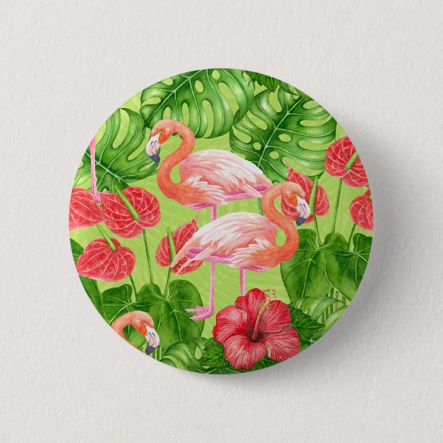 Flamingo-Vögel und tropische Pflanze Button (Vorderseite)
