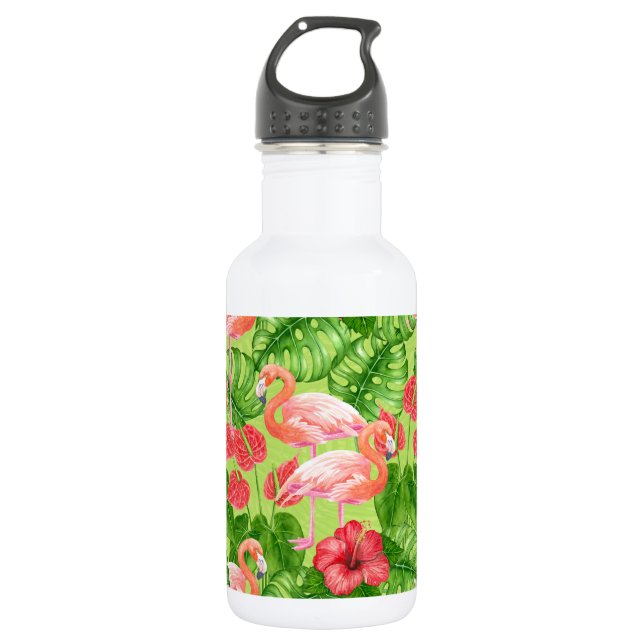Flamingo-Vögel und tropische Pflanze Edelstahlflasche (Vorderseite)