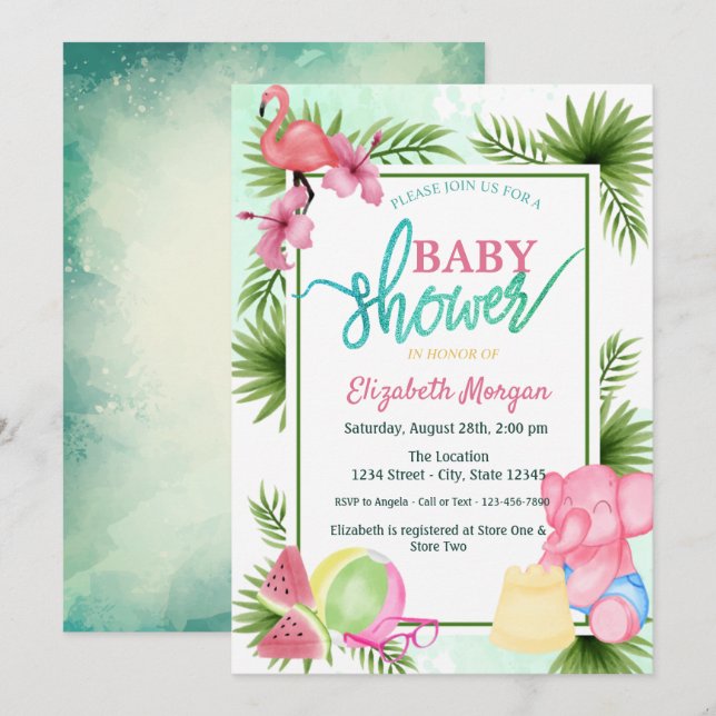 Flamingo, Watermelon, Elephant Palm Baby Dusche Einladung (Vorne/Hinten)