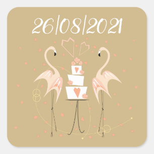 Flamingo Wedding Date Square Sticker