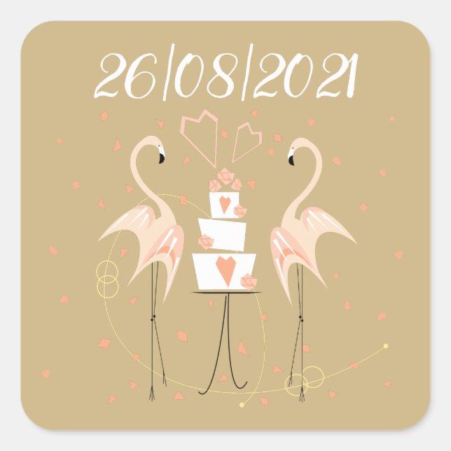 Flamingo Wedding Date Square Sticker (Vorderseite)