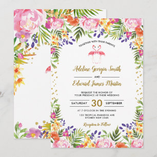 Flamingo Wedding Tropical Floral Palm Blätter Gold Einladung