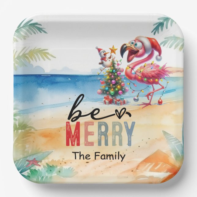Flamingo Weihnachten im Juli am Strand Pappteller (Vorderseite)