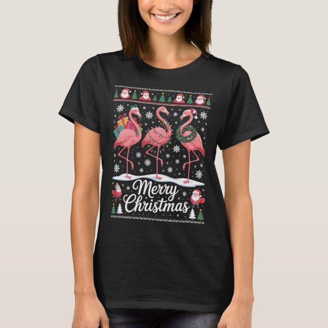 Flamingo Weihnachts Shirt  mit Santa und Geschenk (Vorderseite)