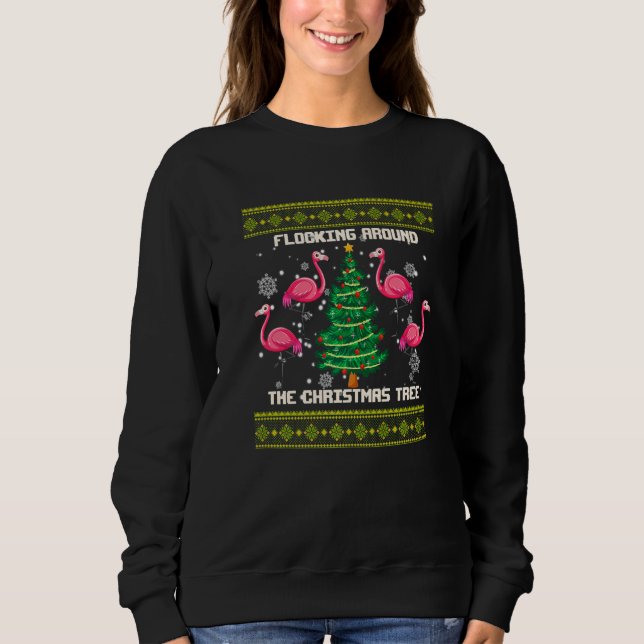 Flamingo-Weihnachtsbaum Flockung herum Sweatshirt (Vorderseite)