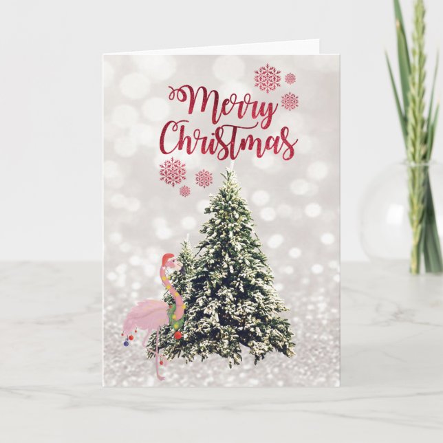 Flamingo Weihnachtsmannmütze, Pine Trees, Glittery Feiertagskarte (Vorderseite)