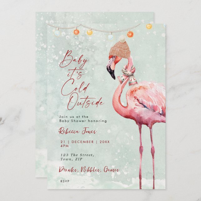 Flamingo Winter Baby Dusche Einladung (Vorne/Hinten)
