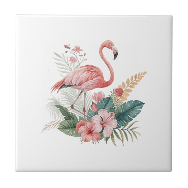 Flamingo With Flowers Fliese (Vorderseite)