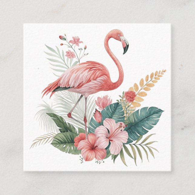 Flamingo With Flowers Quadratische Visitenkarte (Vorderseite)