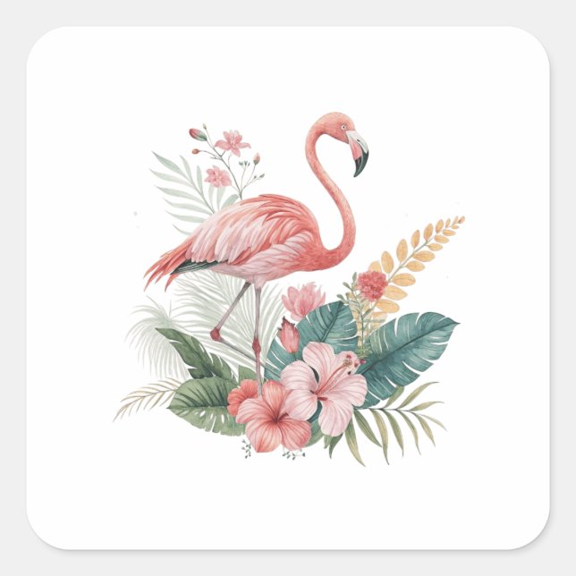 Flamingo With Flowers Quadratischer Aufkleber (Vorderseite)