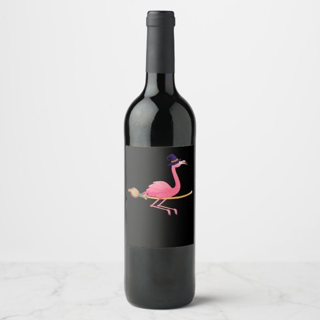 Flamingo Womens Funny Flamingo Witch Halloween Weinetikett (Vorderseite)
