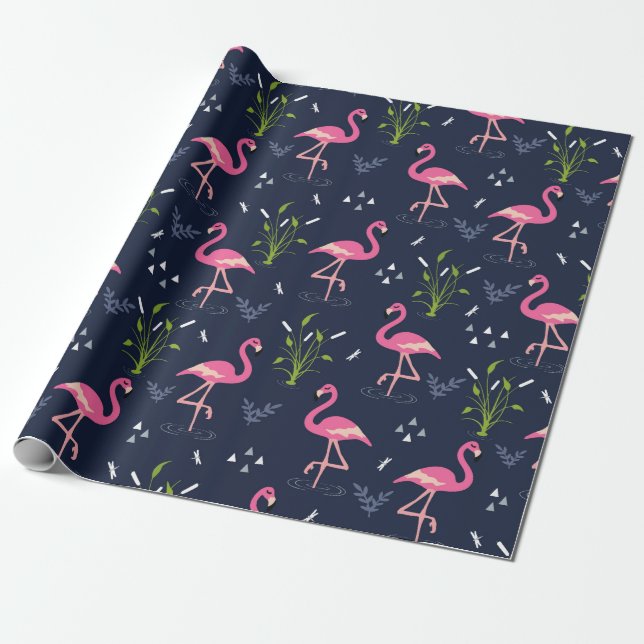 Flamingo Wrapping Paper - rosa Flamingos auf Marin Geschenkpapier (Ungerollt)