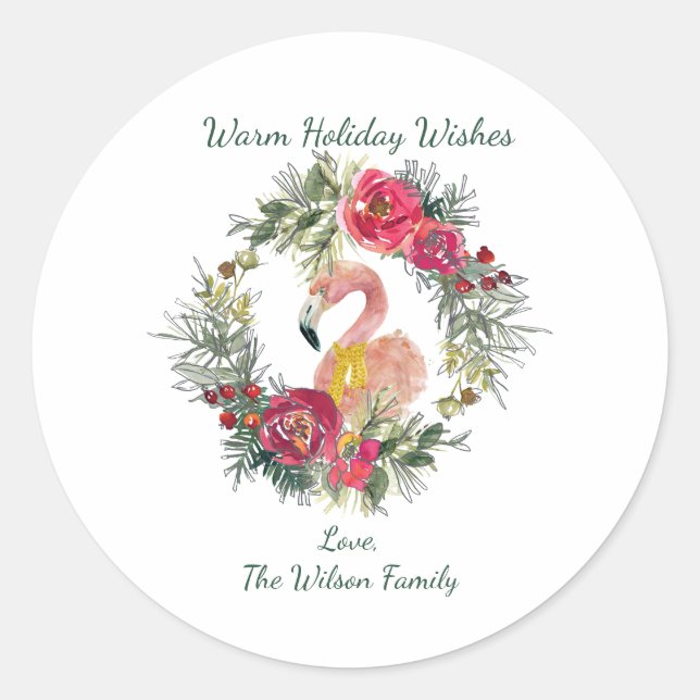 Flamingo Wreath Warm Holiday Wünsche Custom Runder Aufkleber (Vorderseite)
