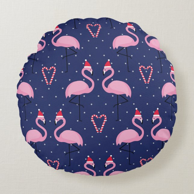 Flamingo Xmas Hat Candy Pattern Rundes Kissen (Vorderseite)