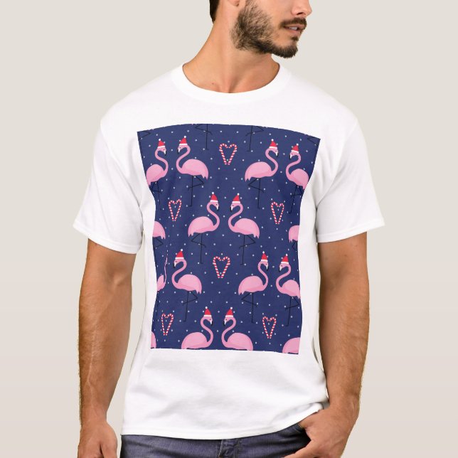 Flamingo Xmas Hat Candy Pattern T-Shirt (Vorderseite)
