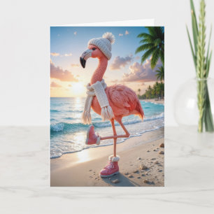 Flamingo zum Geburtstag mit Winterstiefeln und Sch Karte