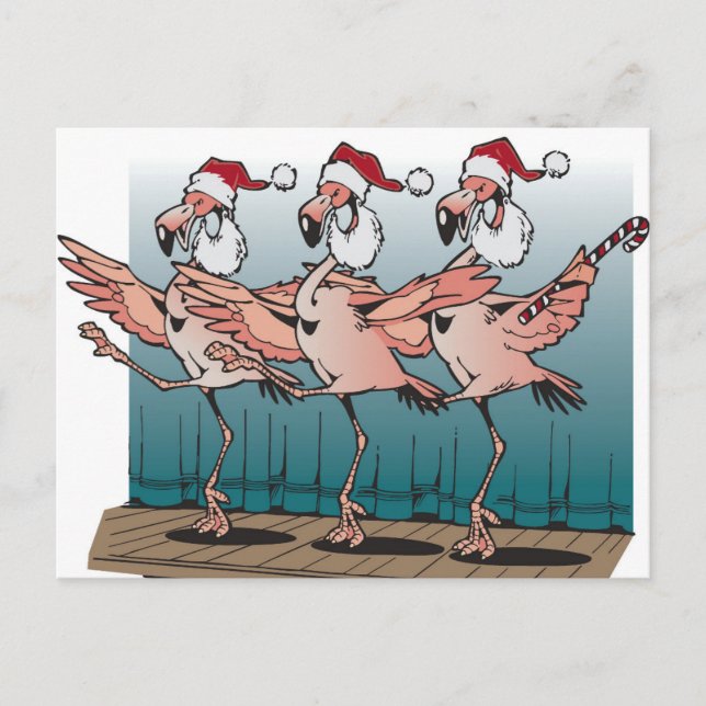 Flamingochorlinie tragende Weihnachtsmannmützen Feiertagspostkarte (Vorderseite)
