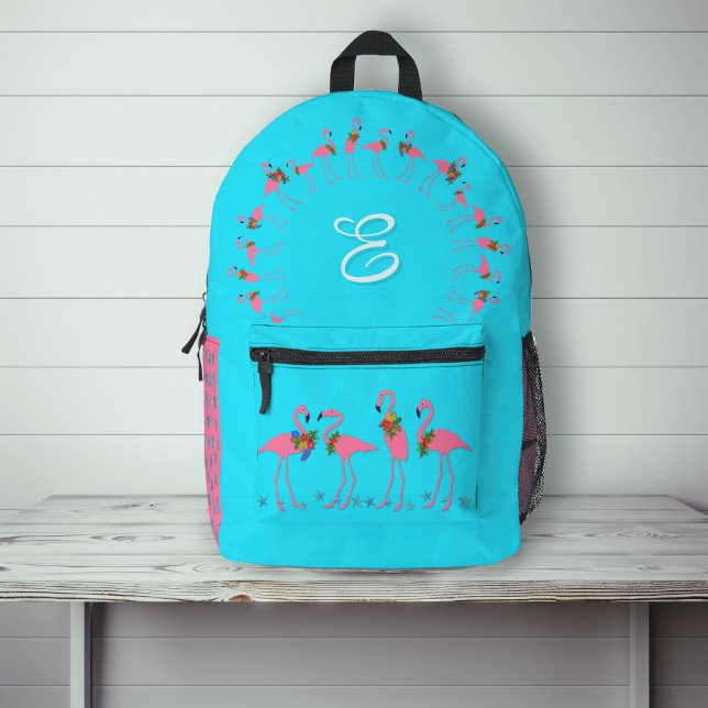 Flamingoes Aqua Monogram Girls Backpack Bedruckter Rucksack (Von Creator hochgeladen)