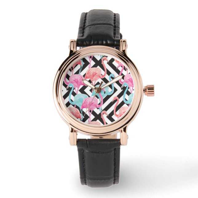 Flamingoes on Bold Design Pattern Armbanduhr (Vorderseite)