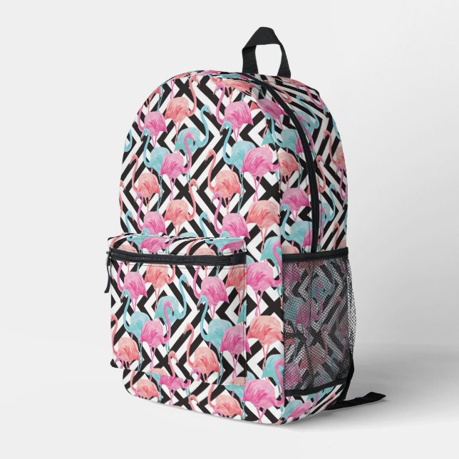 Flamingoes on Bold Design Pattern Bedruckter Rucksack (Rückseitige Ecke Rechts)