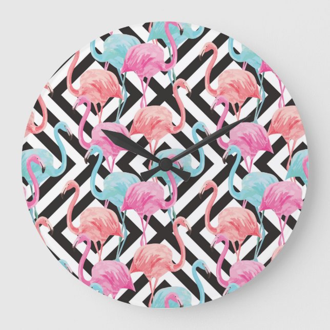 Flamingoes on Bold Design Pattern Große Wanduhr (Vorderseite)