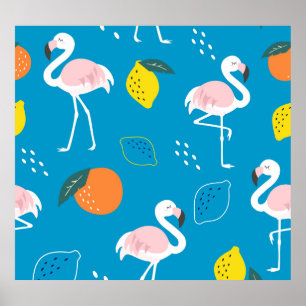 Flamingos, abstrakte tropische Früchte, trendige P Poster