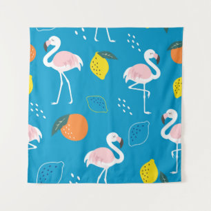 Flamingos, abstrakte tropische Früchte, trendige P Wandteppich