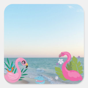 Flamingos am Meer Quadratischer Aufkleber