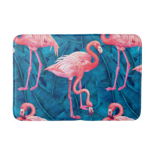 Flamingos auf blauen Bananen-Blätter Badematte