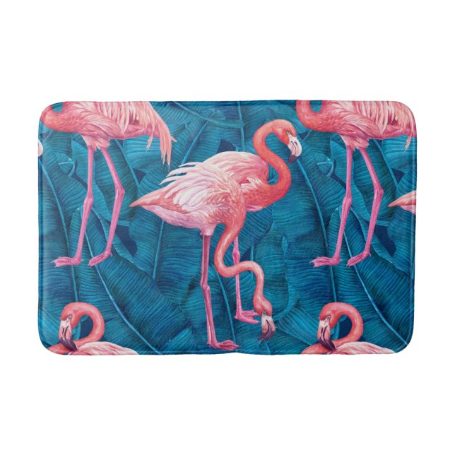 Flamingos auf blauen Bananen-Blätter Badematte (Vorderseite)