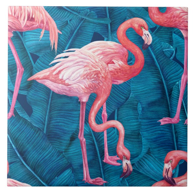 Flamingos auf blauen Bananen-Blätter Fliese (Vorderseite)