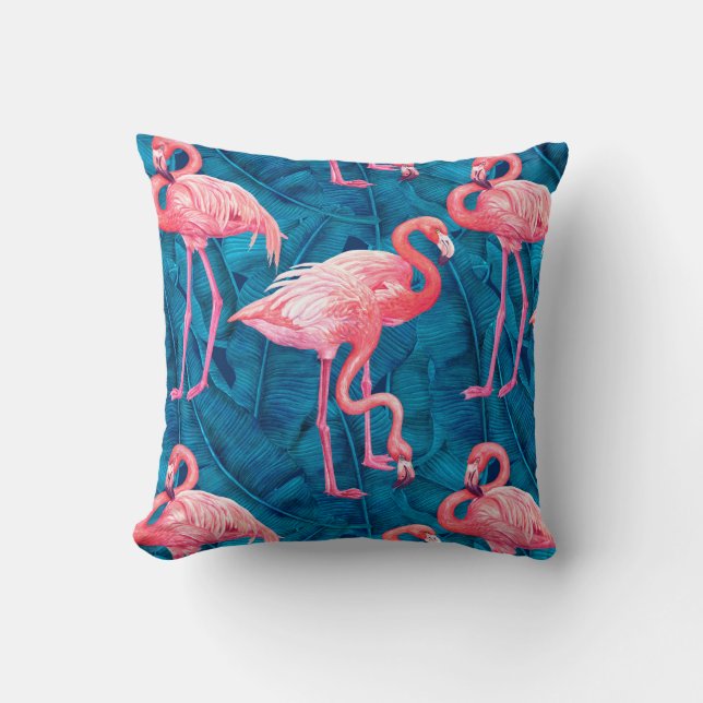 Flamingos auf blauen Bananen-Blätter Kissen (Vorderseite)