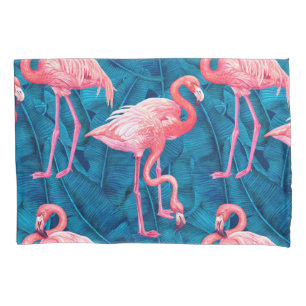 Flamingos auf blauen Bananen-Blätter Kissenbezug