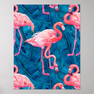 Flamingos auf blauen Bananen-Blätter Poster