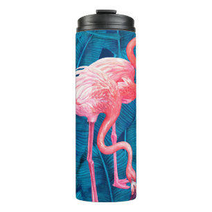 Flamingos auf blauen Bananen-Blätter Thermosbecher